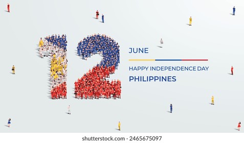 Happy Independence Day Philippines. A large group of people form to create the number 12 as Philippines celebrates its Independence Day on the 12th of June. Vector illustration.