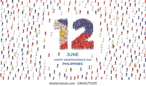 Feliz Día de la Independencia de Filipinas. Un Grande grupo de personas se forma para crear el número 12 mientras Filipinas celebra su Día de la Independencia el 12 de junio. Ilustración vectorial.