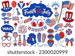 Happy Independence Day photo booth prop set. Premium vector cap, hat, lips, eyeglasses, degree and many other. 4th of July party photo booth. Let the freedom ring.