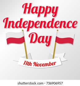 Happy Independence Day of Poland. Vector illustration with ribbon, inscription and flags of Poland on a light gray background. Template for greeting poster, card.