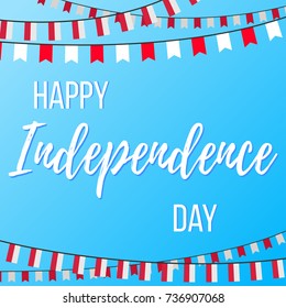 Happy Independence Day of Poland. Vector illustration with inscription and garlands with flags on a blue background
