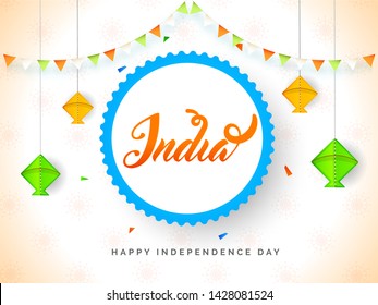 Happy Independence Day poster or banner design with hanging kite and bunting decoration on white background.