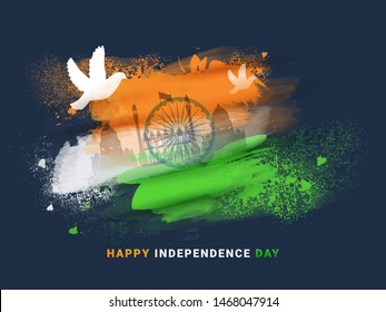 Happy Independence Day poster or banner design with illustration of dove, Red Fort and Ashoka Chakra on tricolor grunge brush stroke background.