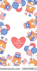 Happy Independence Day poster. Cute patriotic cats dressed in clothes and accessories in colors of American flag on white background. Holiday cartoon kawaii character. Vertical Vector illustration 