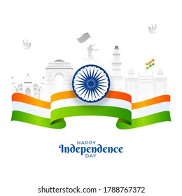 Happy Independence Day Poster Design with Ashoka Wheel, India Flag Ribbon and Indian Famous Monuments on White Background.