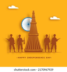 Happy Independence Day Poster Design With Ashoka Wheel, Clouds, Qutub Minar Monument And Silhouette Soldiers On Chrome Yellow Background.