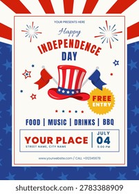 Happy Independence Day poster for the Fourth of July. Vector illustration in red and blue. Party invitation, free admission.