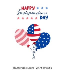 Afiche del Día de la Independencia feliz con letras dibujadas a mano y Clipart de dibujos animados de globos con la bandera americana. Lindos símbolos nacionales dibujados a mano y signos patrióticos para el 4 de julio para diseño, postal.