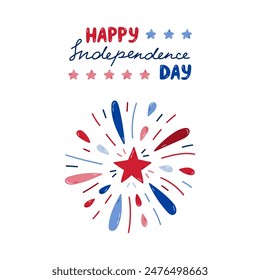 Afiche del Día de la Independencia feliz con letras dibujadas a mano y Clipart de dibujos animados Clipart de fuegos artificiales. Lindo patriótico dibujado a mano, símbolos nacionales para el 4 de julio para el diseño, postal.