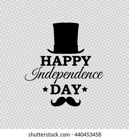 Happy Independence Day poster with top hat, mustache, stars on grey triangle background.