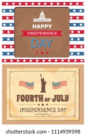 Happy Independence day poster Washington capitol and Statue of Liberty on national flag backdrops, vector greeting card design in vintage style frame