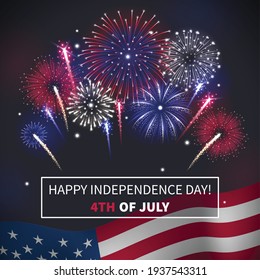 Happy independence day realistic background with bursting fireworks and america flag vector illustration