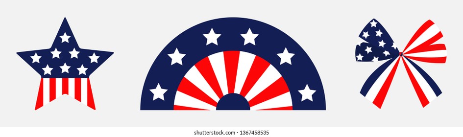 Happy independence day. Ribbon bow Star shape American flag wave icon set line. Stars and strips. Isolated. Red and blue color. White background. Holiday sign symbol. Flat design. Vector illustration