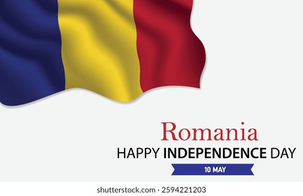 Happy Independence Day Romania. May 9th. Celebrating Romania's Freedom, National Pride, and Heritage. Waving Romanian flag and lettering text design. Vector illustration.