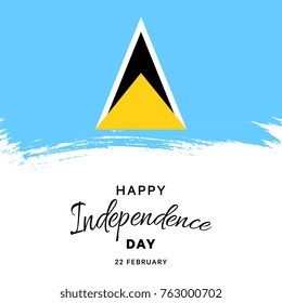 happy independence day of saint lucia banner layout design with text and national flag in shape of brush stroke on a white background