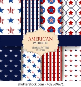 Happy Independence Day seamless pattern vector set. Memorial day. 4th of July. Set of American backgrounds. Collection of seamless patterns in traditional red, blue and white colors. USA flag vector.