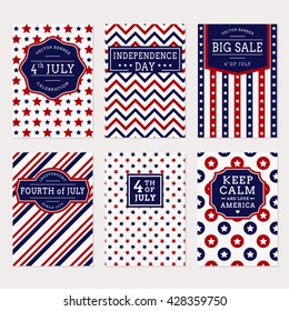 Happy Independence Day! Set of American banners for 4th of July theme. Collection of templates in traditional red, blue and white colors. Vector greeting cards, sale label and holiday banners.