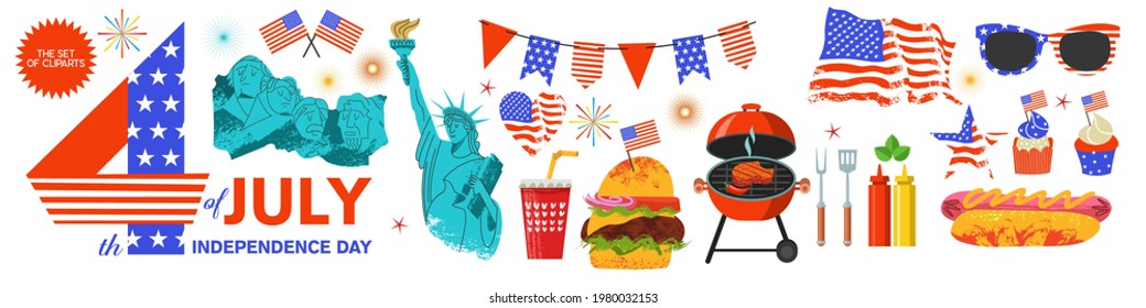 Happy Independence Day. A set of vector cliparts for creating your own festive design.