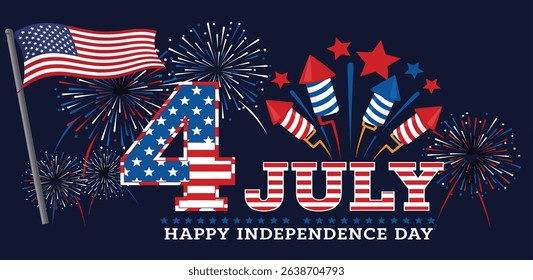 Happy Independence day sign with red and blue stars. 4th of July, United Stated independence day. Template design for poster, banner, flyer, greeting card. American national day. Vector illustration