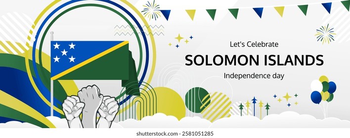 Happy independence day Solomon Islands. Long poster national day Solomon Islands in flag colors. Holiday banner illustration for July 7 celebration invitation party, greeting card and sale