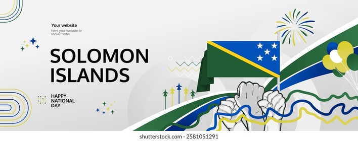 Happy independence day Solomon Islands. Long poster national day Solomon Islands in flag colors. Holiday banner illustration for July 7 celebration invitation party, greeting card and sale