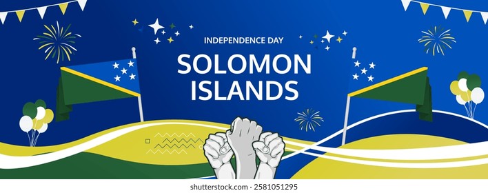 Happy independence day Solomon Islands. Long poster national day Solomon Islands in flag colors. Holiday banner illustration for July 7 celebration invitation party, greeting card and sale