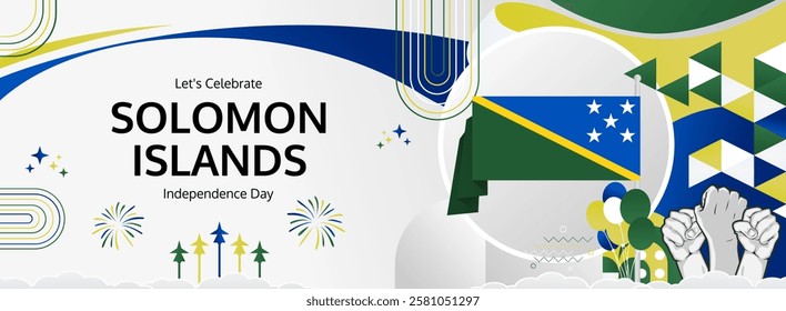 Happy independence day Solomon Islands. Long poster national day Solomon Islands in flag colors. Holiday banner illustration for July 7 celebration invitation party, greeting card and sale