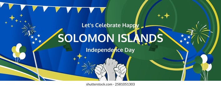 Happy independence day Solomon Islands. Long poster national day Solomon Islands in flag colors. Holiday banner illustration for July 7 celebration invitation party, greeting card and sale