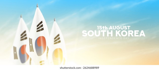 Happy Independence Day of South Korea. South Korean flags isolated on cloudy sky at sunrise for decoration South Korean Independence Day. Vector illustration. Day of South Korea on 15th of August. - Powered by Shutterstock - Get 15% off with code: PIKWIZARD15