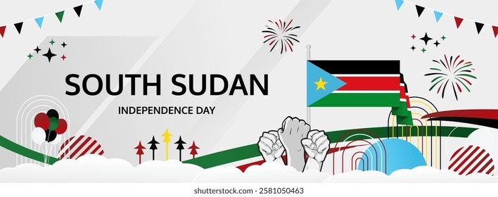 Happy independence day South Sudan. Long poster national day South Sudan in flag colors. Holiday banner illustration for July 9th celebration invitation party, greeting card and sale