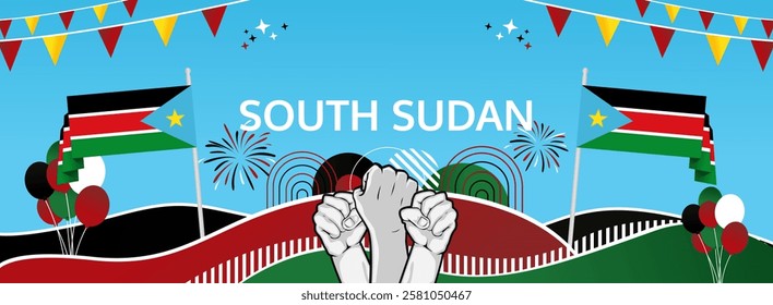 Happy independence day South Sudan. Long poster national day South Sudan in flag colors. Holiday banner illustration for July 9th celebration invitation party, greeting card and sale