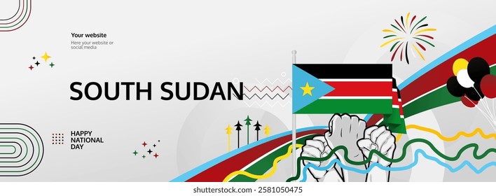 Happy independence day South Sudan. Long poster national day South Sudan in flag colors. Holiday banner illustration for July 9th celebration invitation party, greeting card and sale