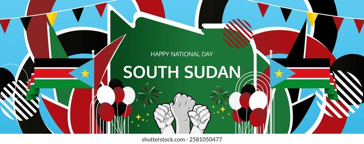 Happy independence day South Sudan. Long poster national day South Sudan in flag colors. Holiday banner illustration for July 9th celebration invitation party, greeting card and sale