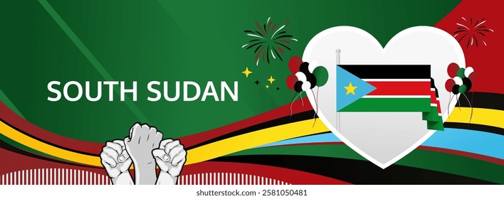 Happy independence day South Sudan. Long poster national day South Sudan in flag colors. Holiday banner illustration for July 9th celebration invitation party, greeting card and sale