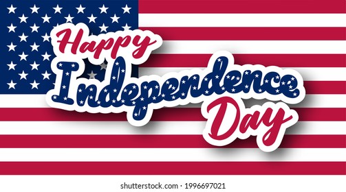 Happy independence day sticker on national USA flag background. Perfect for advertising, poster, announcement, invitation, party, greeting card. Vector illustration