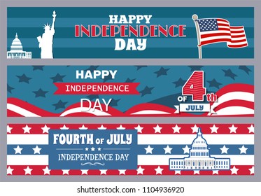 Happy independence day stripe with flag statue of Liberty, Capitol building place of congress meetings, fourth of July collection vector illustration