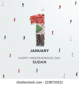 Happy Independence Day Sudan. A large group of people form to create the number 1 as Sudan celebrates its Independence Day on the 1st of January. Vector illustration.