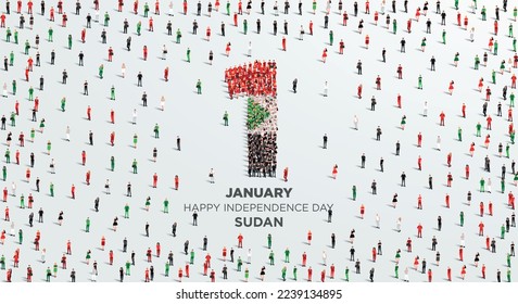 Happy Independence Day Sudan. A large group of people form to create the number 1 as Sudan celebrates its Independence Day on the 1st of January. Vector illustration.