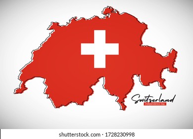 Happy independence day of Switzerland. Classic national country map with Switzerland flag vector illustration