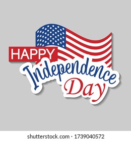 Happy Independence Day text with American flag and sticker style