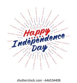 Happy Independence Day text lettering for greeting card, flyer, poster logo with stars, light rays or fireworks. Isolated on white. Vector illustration.