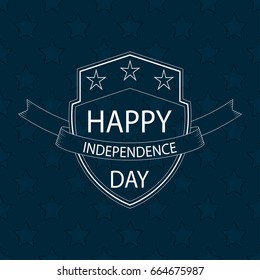 Happy Independence Day text on outline shield with ribbon and stars. Template for 4th of July design. Vector background.