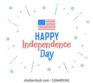 Happy Independence Day text with united states of america flag colors. Vector retro background label for Independence day of USA in july 4. Cheerful design, funny hand drawn letters and firework