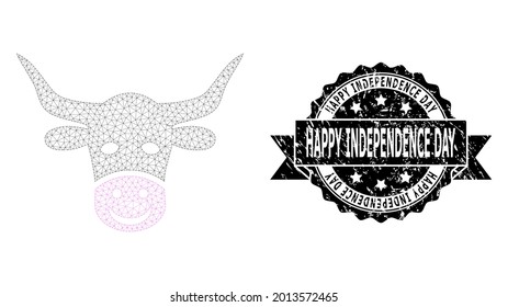 Happy Independence Day textured seal print and vector smiled cow head mesh structure. Black stamp seal has Happy Independence Day title inside ribbon and rosette. Abstract flat mesh smiled cow head,