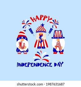 Happy Independence day typographic design with funny gnomes, fireworks, letters USA. Template of greeting card, t shirt print, poster, banner. 4th of july concept. Vector illustration. Flat style