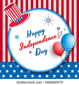 Happy Independence day United states of America, 4th Jul. Design with stars and stripe pattern in national flag to circle wreath decorated with hat, fireworks and balloons.