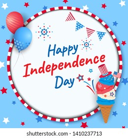 Happy Independence day United states of America, 4th Jul ice cream. Design to icon with circle frame decorated with balloons.