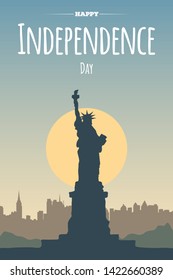 Happy Independence Day of United States banner. Cartoon card for flyer of American city with silhouette of the Statue of Liberty and evening urban landscape. Concept with inspirational inscription.