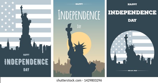 Happy Independence Day of United States banners. Retro cards for flyer of American city with silhouette of the Statue of Liberty. Vintage concept with inspirational inscription.
