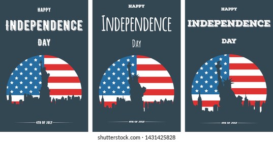 Happy Independence Day of United States banners. Retro cards or flyers of American city with silhouette of the Statue of Liberty and urban landscape. Vintage template background for American holidays.